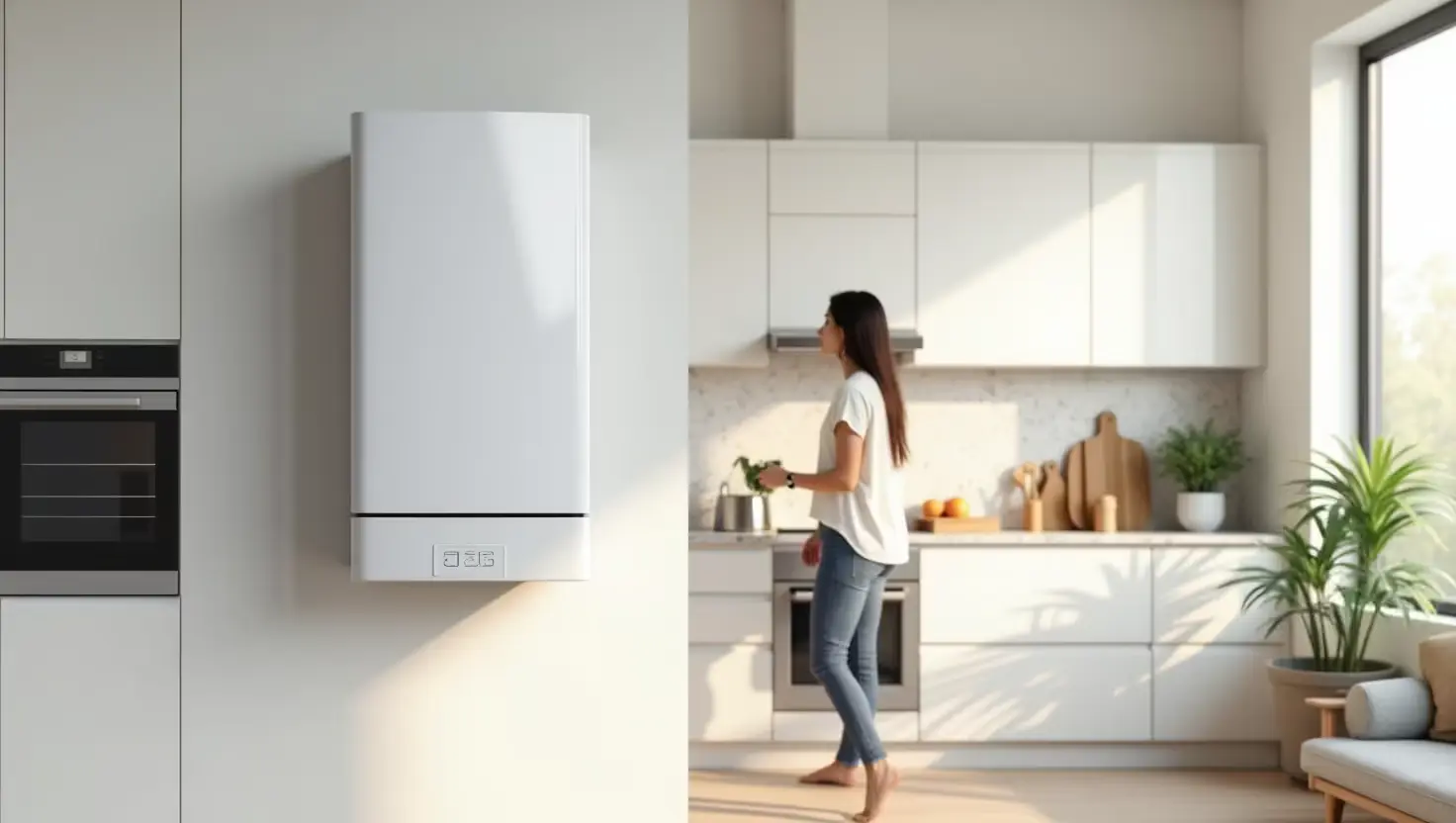 Technician servicing a wall-mounted gas water heater